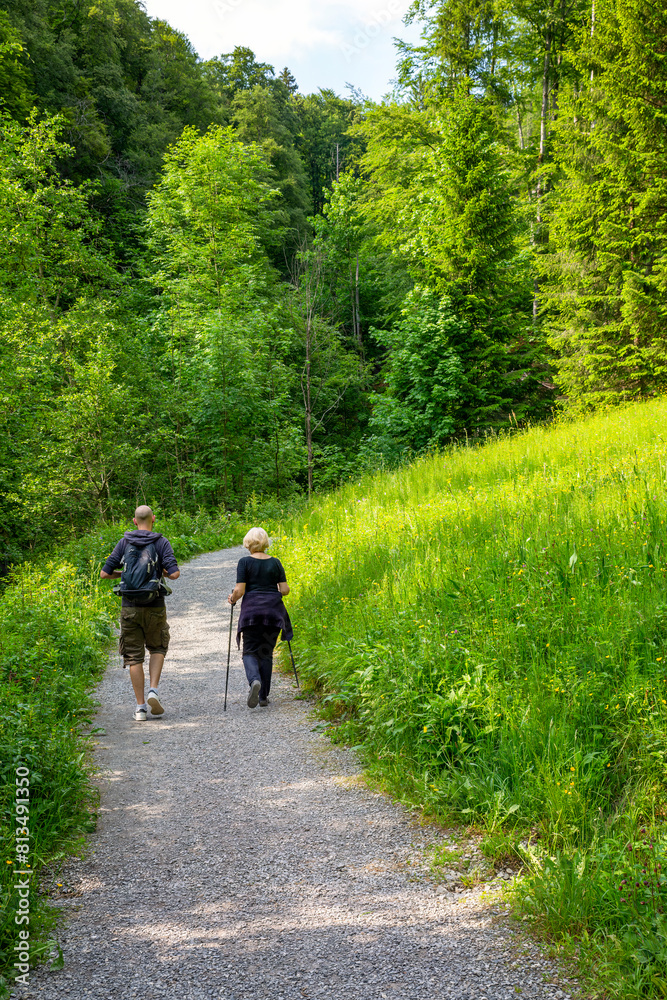 Senior woman with man walking on footpath amidst green plants and trees Senior woman with man walking on footpath amidst green plants and trees