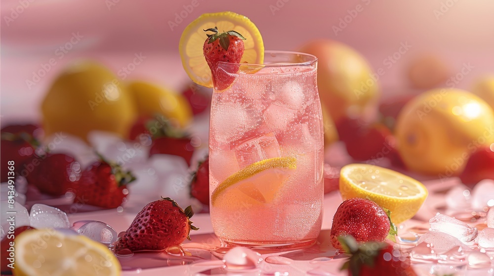 A refreshing pink lemonade. Background strawberries. Generative AI. A refreshing pink lemonade. Background strawberries. Generative AI.