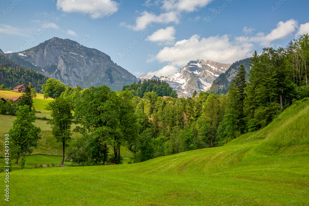 Santis mountain range with green trees and plants under sky Santis mountain range with green trees and plants under sky