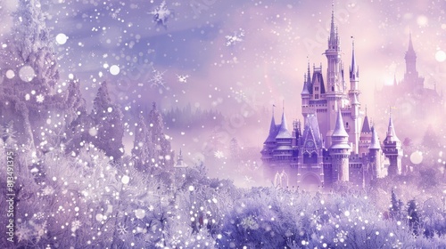 a magical holiday background with soft lavender tones  showcasing a sparkling castle  swirling snowflakes  and a sprinkle of fairy dust  