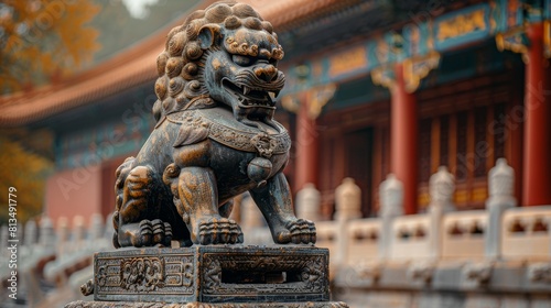 Traditional Chinese Guardian Lion Statue Overlooking Historic Palace photo