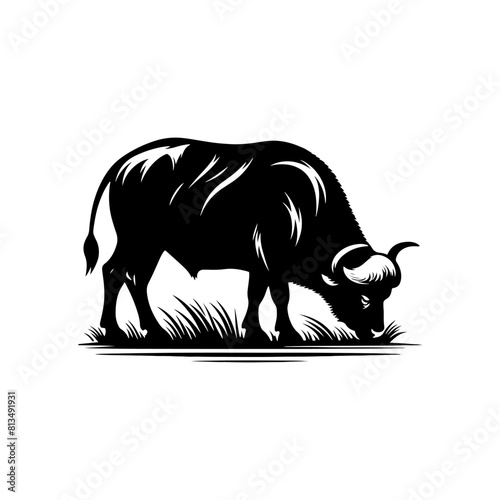 African Buffalo Silhouette- Against the Savanna's Horizon in Stunning Vector Artistry- African Buffalo Illustration- African Buffalo Vector. 