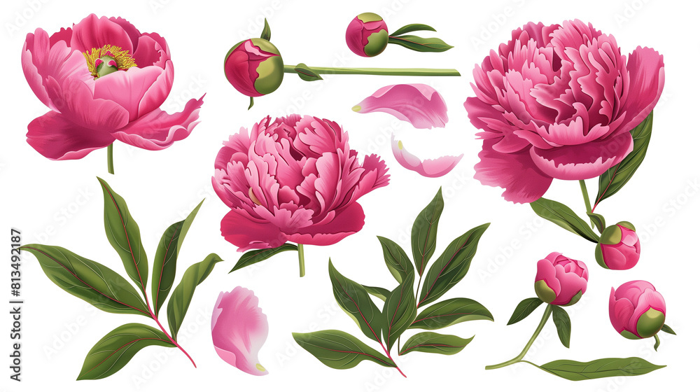 Fototapeta premium Set of peony elements including peony blooms, buds, petals, and leaves