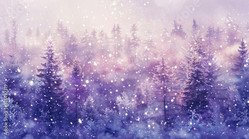 a portrait-oriented winter wonderland scene with soft purple hues, featuring sparkling snowflakes, enchanted forests, and a magical holiday atmosphere.  © Bope