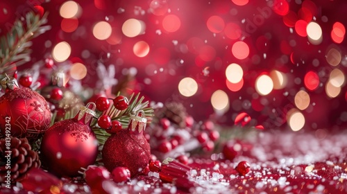 an airy holiday background with soft red hues  featuring vibrant decorations  joyful celebrations