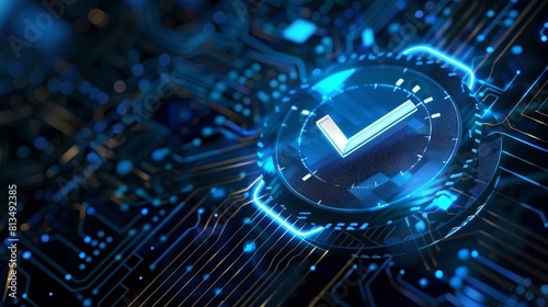 Futuristic glowing checkmark on a digital circuit board. Concept of technology approval and validation. Modern cyber digital theme for tech visuals. AI