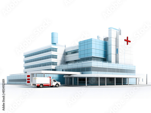 front view of a huge hospital building and an ambulance parked in in the hospital boundary PNG
