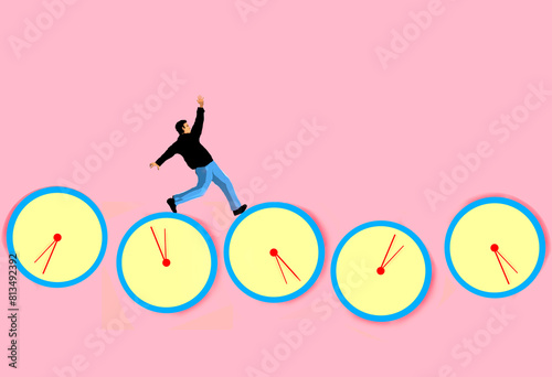 Man stumbling on clocks against pink background