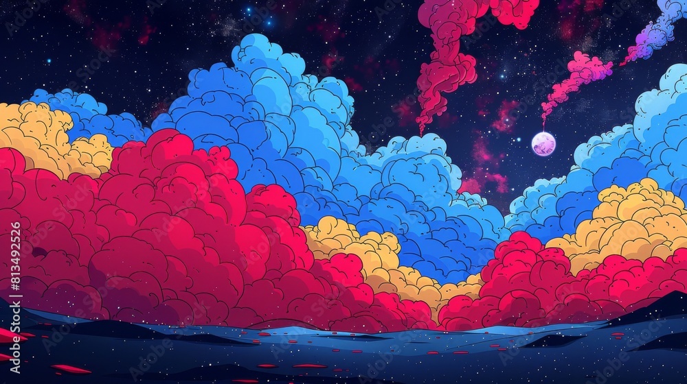 Colorful stylized illustration of clouds with stars in a night sky and ...