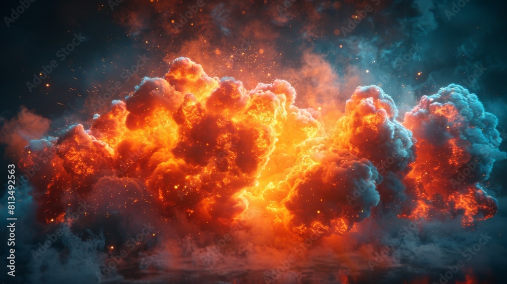 An illustration of a massive atomic bomb explosion with fiery clouds and intense heat, depicting a chaotic scene. An illustration of a massive atomic bomb explosion with fiery clouds and intense heat, depicting a chaotic scene.