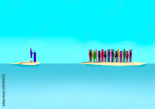 Woman political speaker and group of people standing on separate islands