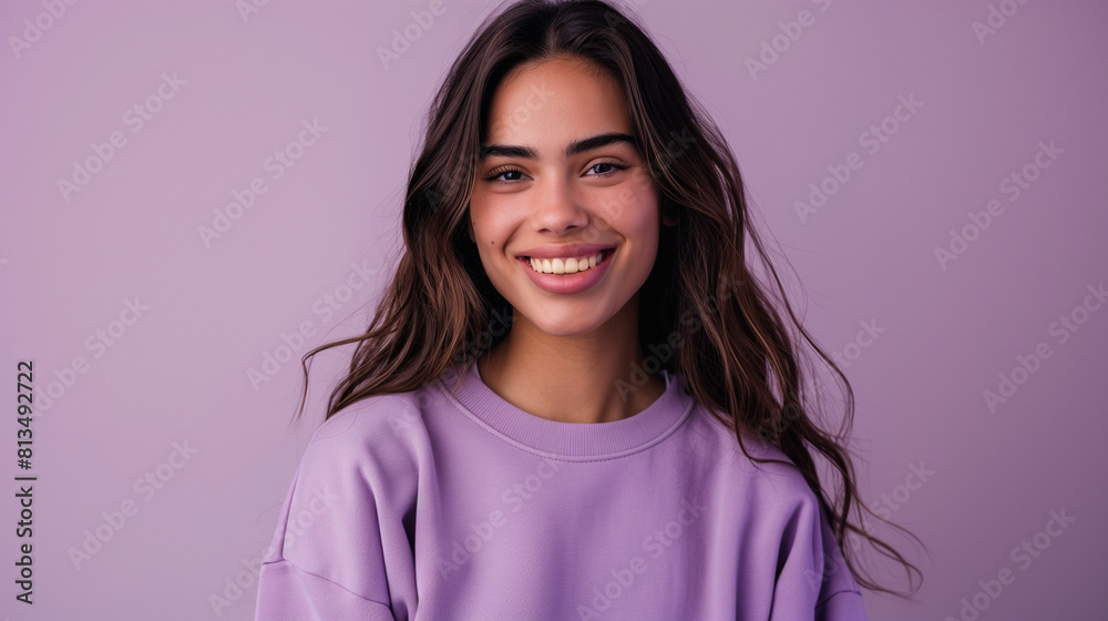 Portrait of a beautiful smiling woman wearing a light purple sweatshirt against a solid color background, in the style of fashion photography. Studio photography Portrait of a beautiful smiling woman wearing a light purple sweatshirt against a solid color background, in the style of fashion photography. Studio photography