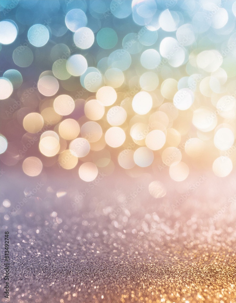 Abstract blur bokeh banner background. Rainbow colors, pastel purple, blue, gold yellow, white silver, pale pink bokeh background