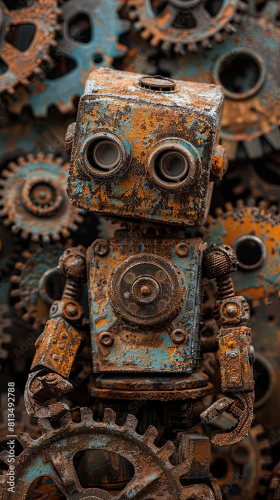 Rustic Robot Amidst Gears - A Portrait of Mechanical Aged Beauty Rustic Robot Amidst Gears - A Portrait of Mechanical Aged Beauty