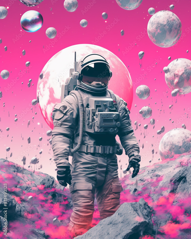 Astronaut with palm trees in pink colors Astronaut with palm trees in pink colors