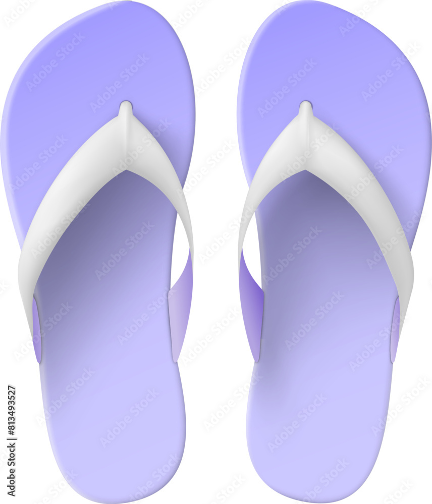 Realistic flip flops model. Summer shoes top view. Beach sandals. Casual slippers. Rubber footgear. Foot wear accessory. Purple plastic sole. Summertime clothing. Vector footwear mockup Realistic flip flops model. Summer shoes top view. Beach sandals. Casual slippers. Rubber footgear. Foot wear accessory. Purple plastic sole. Summertime clothing. Vector footwear mockup