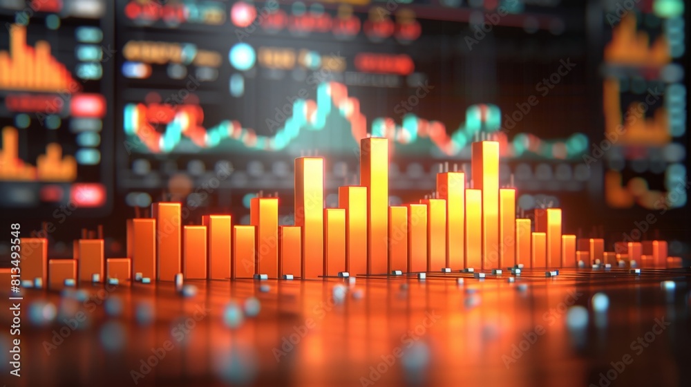 Digital display of a stock market chart with glowing bars and graphs ...