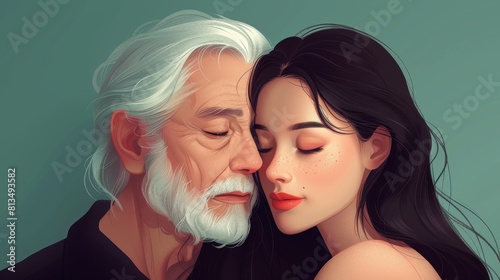 Illustration of a tender moment between an elderly man with white hair and a young woman with dark hair, symbolizing a love couple with an age gap. photo