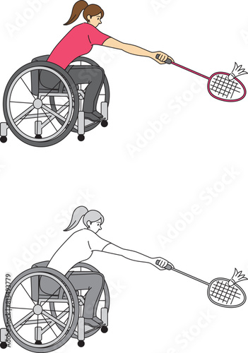 車椅子でバドミントンをする女性選手のイラストセット／Illustration set of a female player playing badminton in a wheelchair
