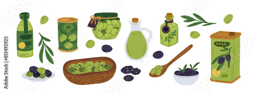 Organic olive products. Mediterranean plant fruits. Pickled and dried berries. Extra virgin oil bottle. Tin or glass jars. Natural healthy food. Vegetarian ingredients. Garish vector set