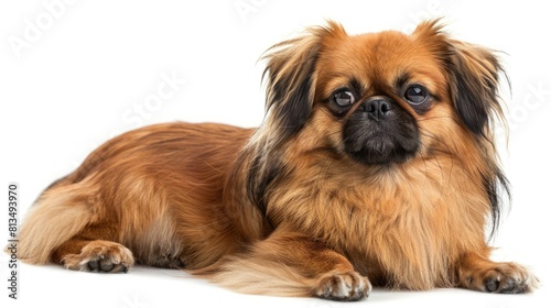 A cute of Pekingese dog is lying on the floor. It has long brown fur and a black nose. It is looking at the camera with its big brown eyes.