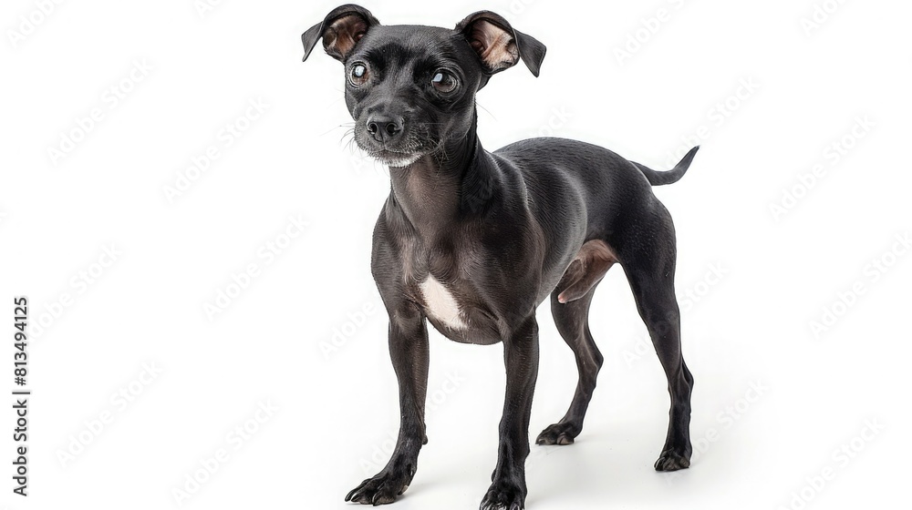 A puppy of Italian Greyhound black with a white spot on its chest is standing on a white background. The dog has its ears perked up and is looking at the camera. It is a studio photo. A puppy of Italian Greyhound black with a white spot on its chest is standing on a white background. The dog has its ears perked up and is looking at the camera. It is a studio photo.