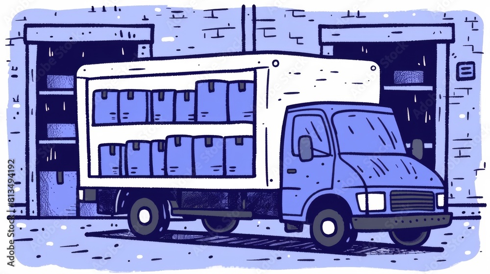 Fototapeta premium Illustration of a delivery truck in front of a warehouse, depicting a logistics and supply chain theme.