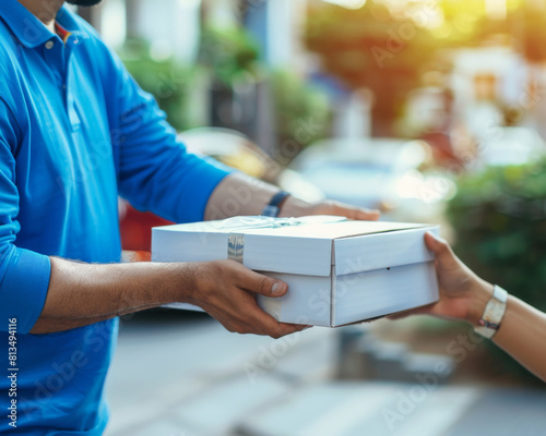 Close up photo of a postal delivery courier delivering a package to the receiver.