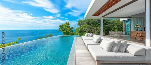 A spacious swimming pool with a modern couch viewing the big ocean.