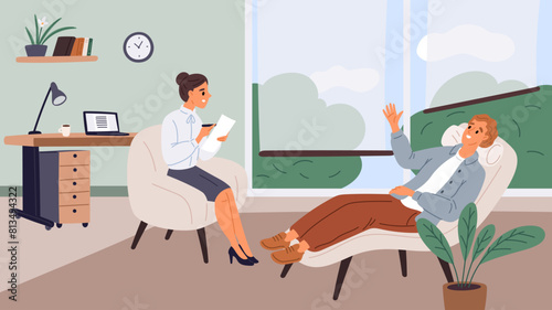 Man in psychologists office. Private consultation. Guy talks about problems to professional. Mental health. Psychotherapy counseling. Psychological treatment. Garish vector concept