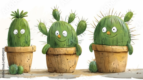 Three cute anthropomorphic cacti with smiling faces in planters, illustrated in a whimsical style. photo