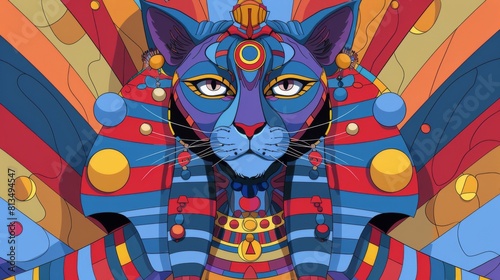 Colorful illustration of Sekhmet, the Egyptian goddess with a lioness head, adorned with traditional jewelry and a solar disk. photo