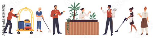 Hotel staff. People in hostel uniform. Maid cleaning floor. Receptionist with keys. Hospitality service. Concierge works. Porter with luggage. Guest house employees. Garish vector set