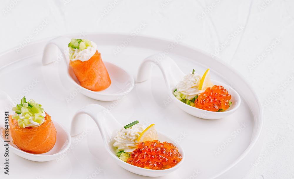 Elegant appetizers on white platter Elegant appetizers on white platter