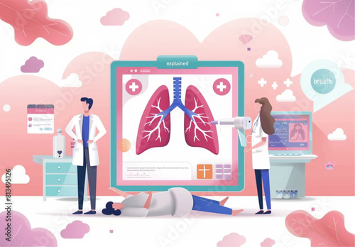 Flat vector illustration of a doctor and nurse standing next to a large screen with a medical icon, a digital interface design for a digital health service © sania