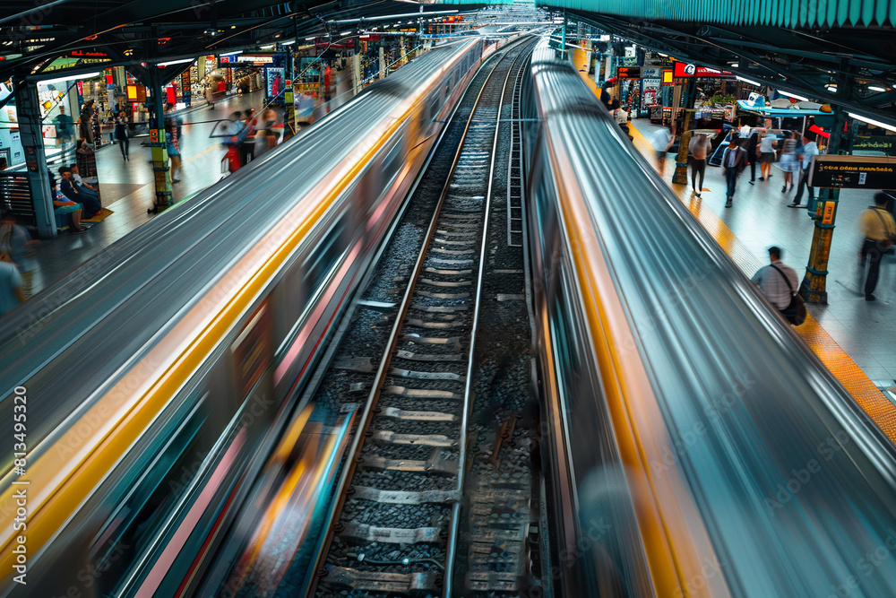 Obraz premium aerial view of the train stations with trains passing fast