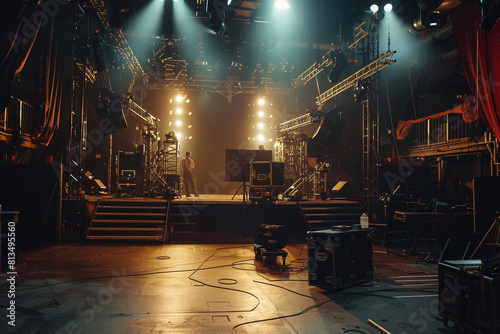 A Live stage production being built in a center stage type venue Stage rigging equipment, lighting trusses, stairs and PA systems being carried