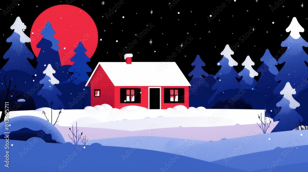 Fototapeta premium A charming illustration of a small red house amid snowy winter scenery under a night sky with a large red moon.