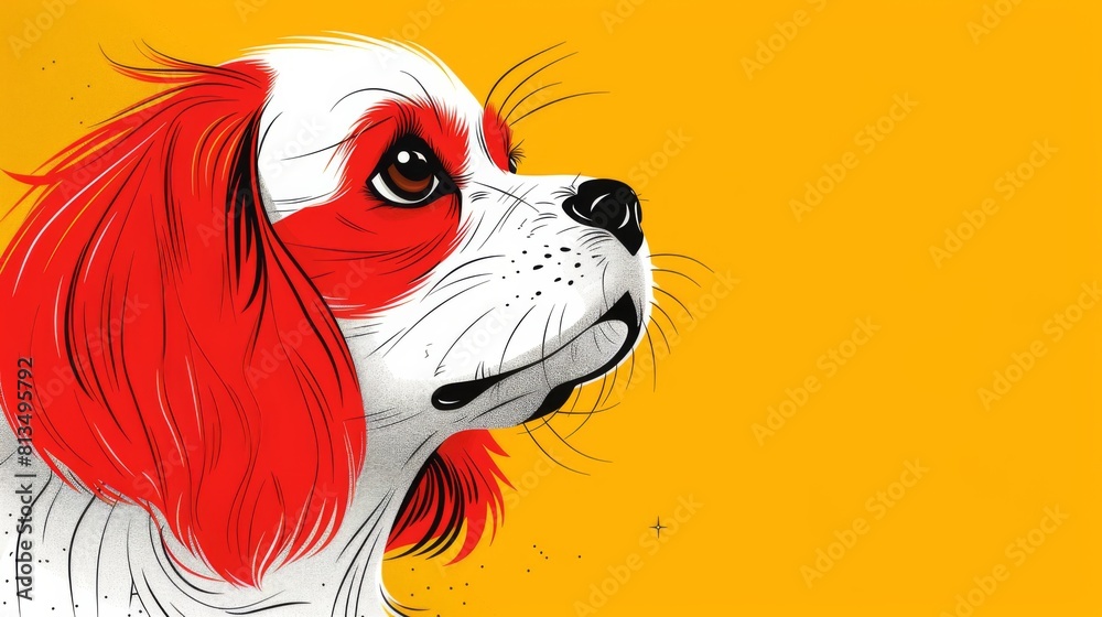 Fototapeta premium Illustration of a Cavalier King Charles Spaniel with a wistful expression, against a vibrant yellow background.