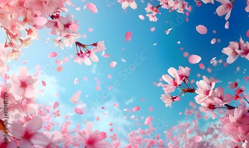 falling vibrant pink cherry blossoms on bright blue sky spring japanese background