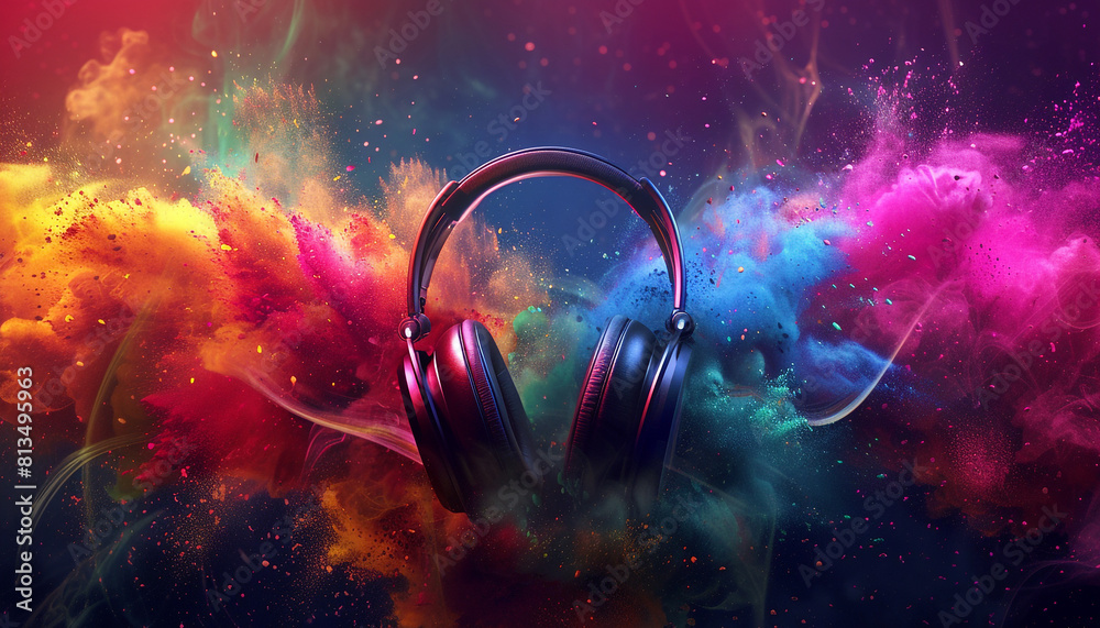 Digital Headphones exploding in colorful holi powder Digital Headphones exploding in colorful holi powder