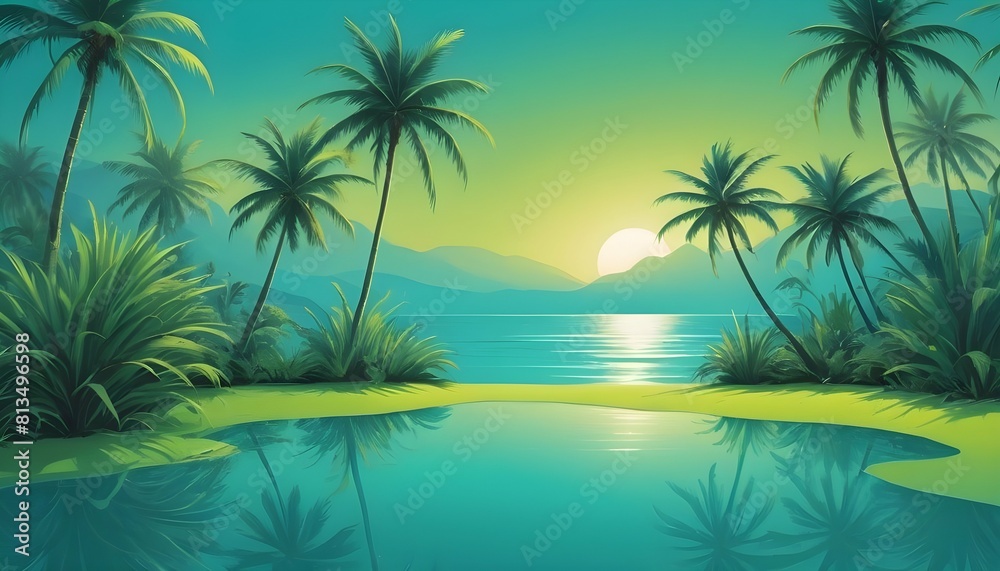 A tropical paradise with palm trees swaying under