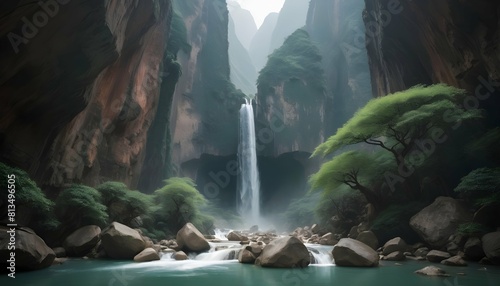 A tranquil waterfall flowing through a canyon of j
