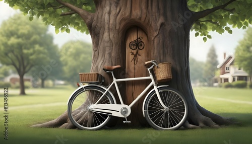 A tree icon with a bicycle leaning against its tru upscaled 5 photo