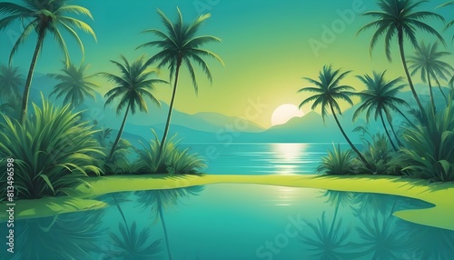 A tropical paradise with palm trees swaying under photo