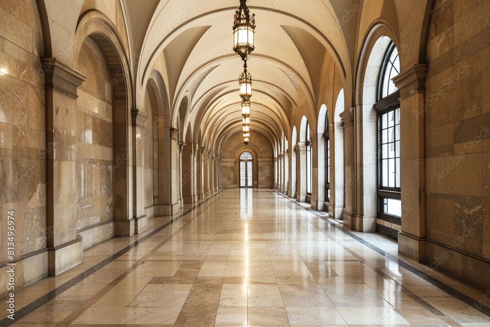 A long, empty hallway with arched ceilings and tiled floors A long, empty hallway with arched ceilings and tiled floors