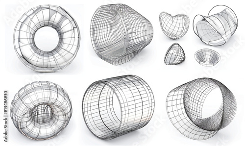 
Set of wireframe shapes in different forms and sizes, including a spiral shape, torus ring, chain cross-section, and cylinder with openings. photo