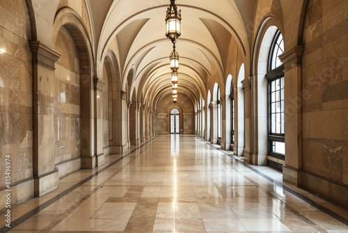 A long  empty hallway with arched ceilings and tiled floors 