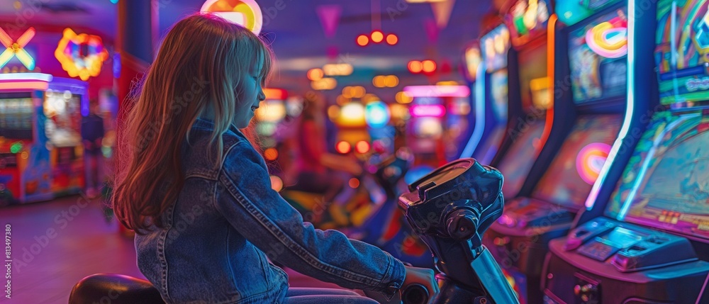 Fototapeta premium Little children having fun with a motorcycle riding game at the Neon Lights Arcade.