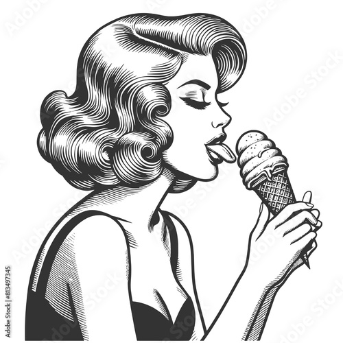 pin-up girl savoring an ice cream cone, depicting classic mid-century indulgence sketch engraving generative ai fictional character raster illustration. Scratch board imitation. Black and white image. © Oleksandr Pokusai